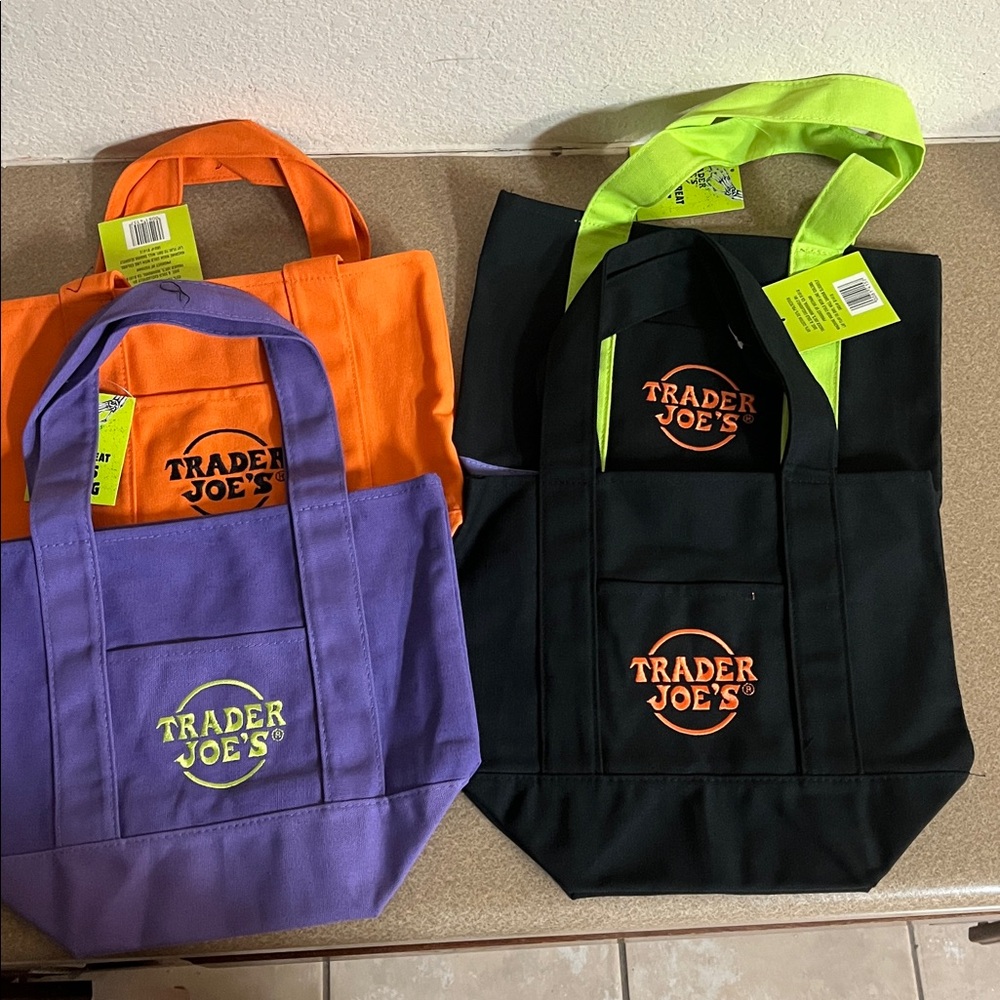 Trader Joe's Reusable Tote Bag Set - Black, Orange, Purple set of 4